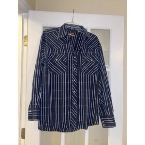 Outlaw western wear men’s blue striped plaid pearl snap shirt long sleeve medium